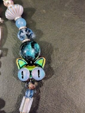 Hand Crafted Iridescent Blue-Green Cat Charm Necklace Pendant